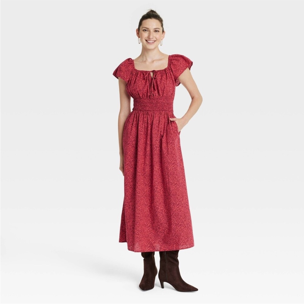 Universal Thread Red Midi Floral Print Sun Dress with Cap Sleeves